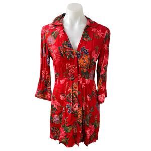 ZARA Women's Red Multicolor Floral 3/4 Sleeve Mini Button Down Shirt Dress Sz XS